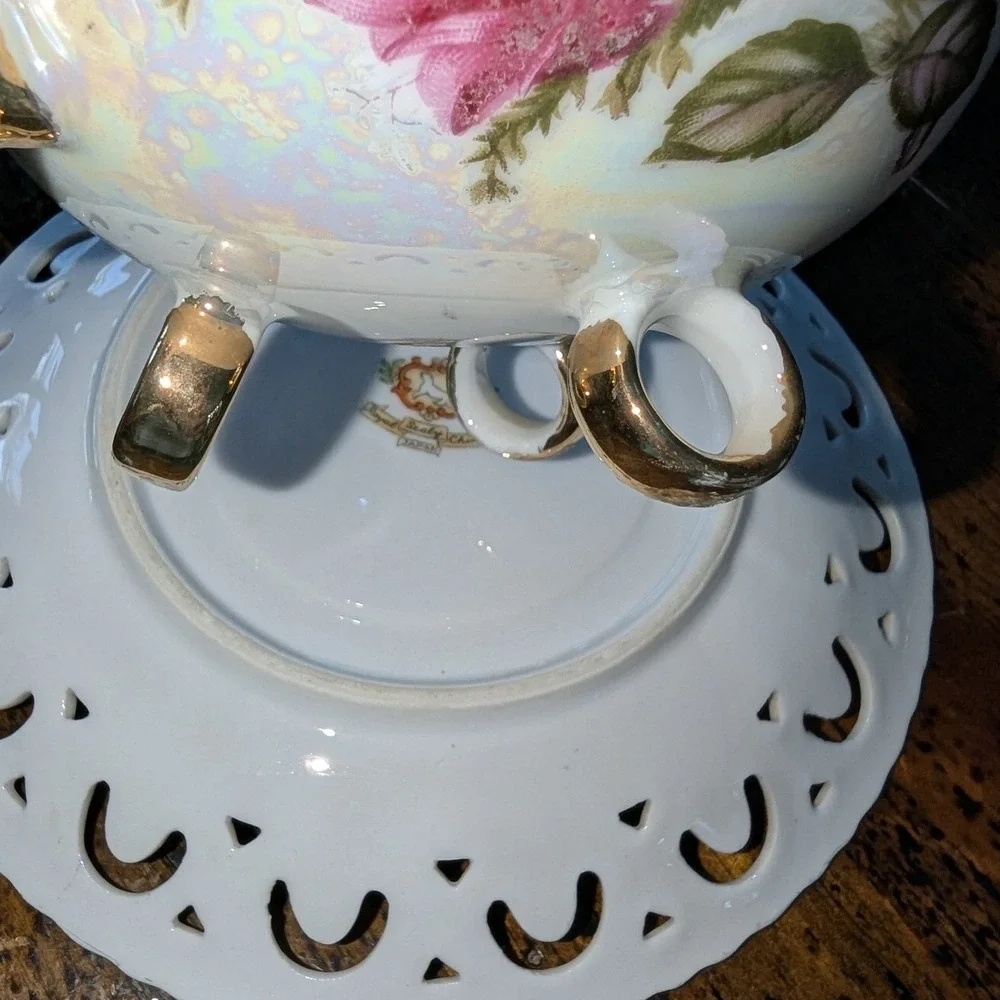 Vintage Royal Sealy China Pink Rose Lusterware Footed Teacup‎ and Saucer Japan
